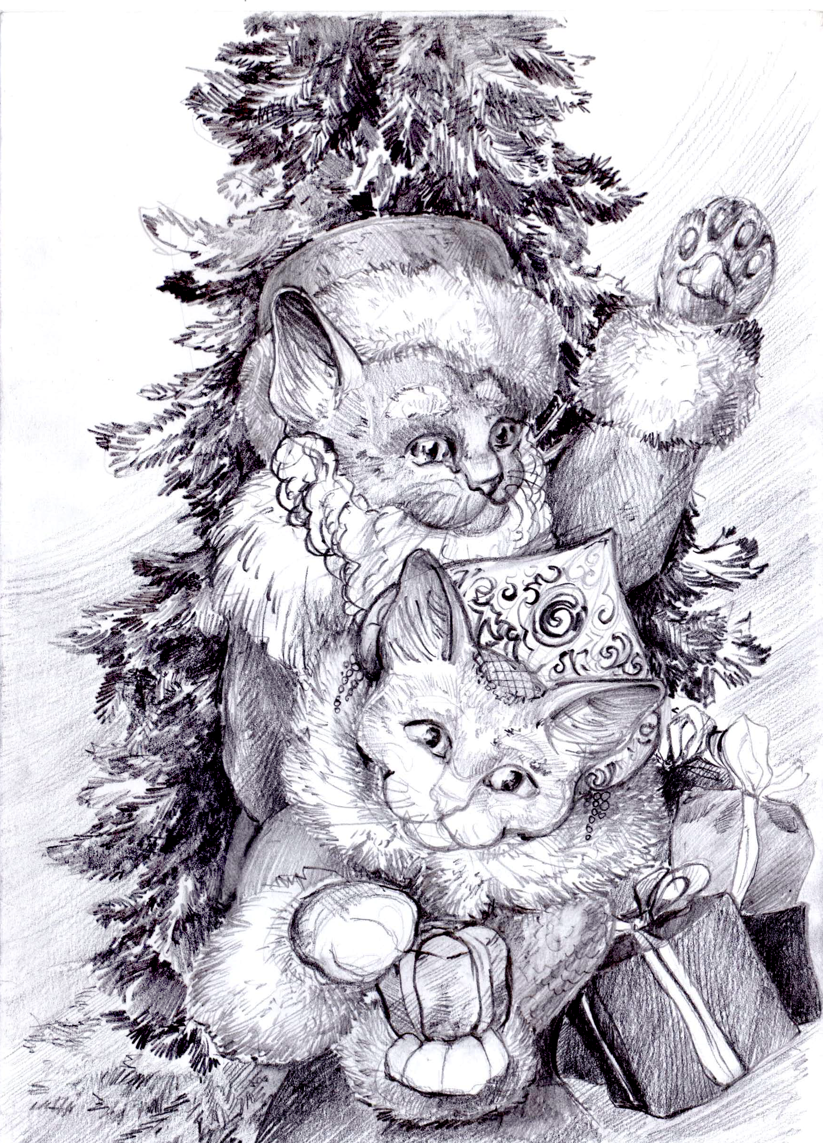 Winter cats - My, cat, Longpost, Drawing, Pencil drawing, Graphics, Anthro