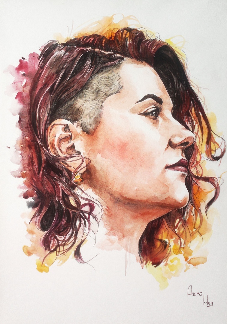 Portrait of Sasha 30x40. Watercolor. Liner. - My, Watercolor, Portrait, Beautiful girl