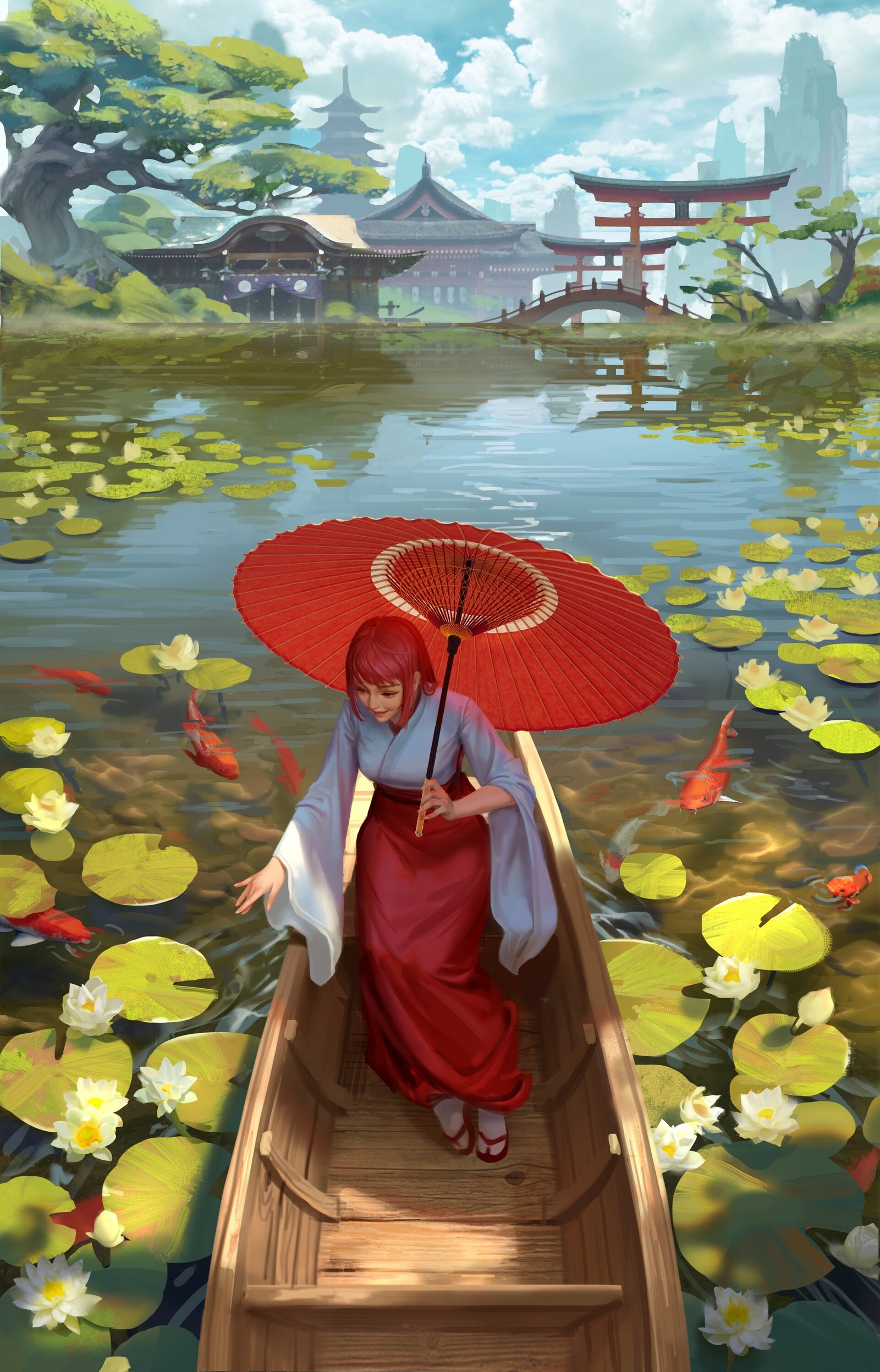 Boat trip - Art, Drawing, Girls, Pond, Koi carps, Hou China