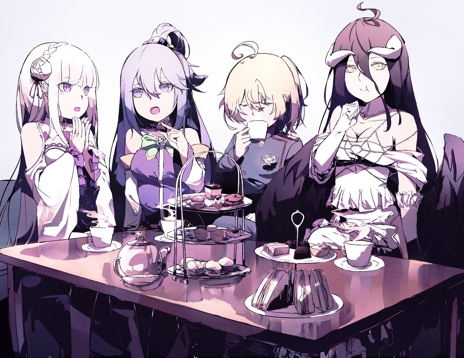 Tea drinking - Anime, Anime art, Youjo senki, Emilia, Isekai quartet, Tanya Degurechaff, Albedo, Overlord