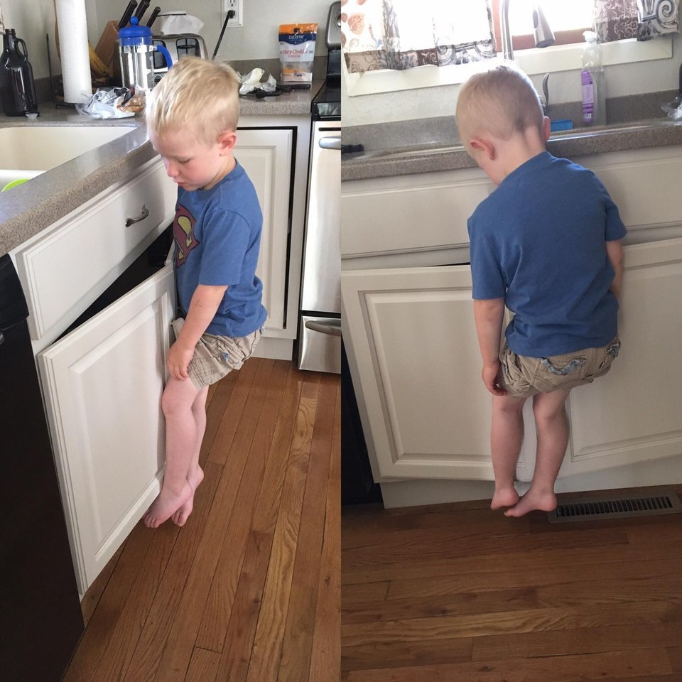 My son, after trying to go downstairs after washing his hands. Just hanging there... helpless... - Children, Stuck, Picture with text, Reddit