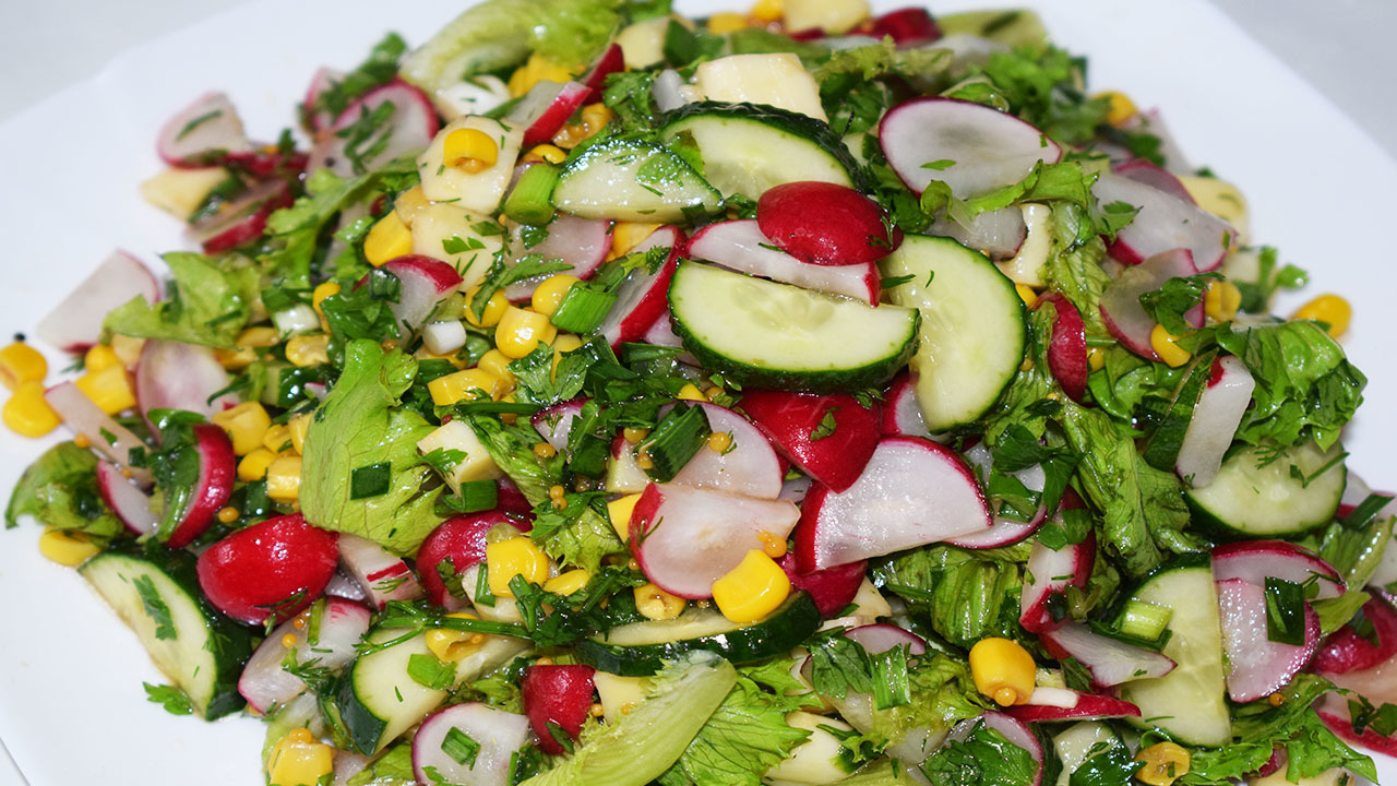 Vitamin salad, spring of cucumbers and radishes. - My, Salad, Vitamin salad8, Video, Video recipe, , Longpost, Recipe, Food, Cooking