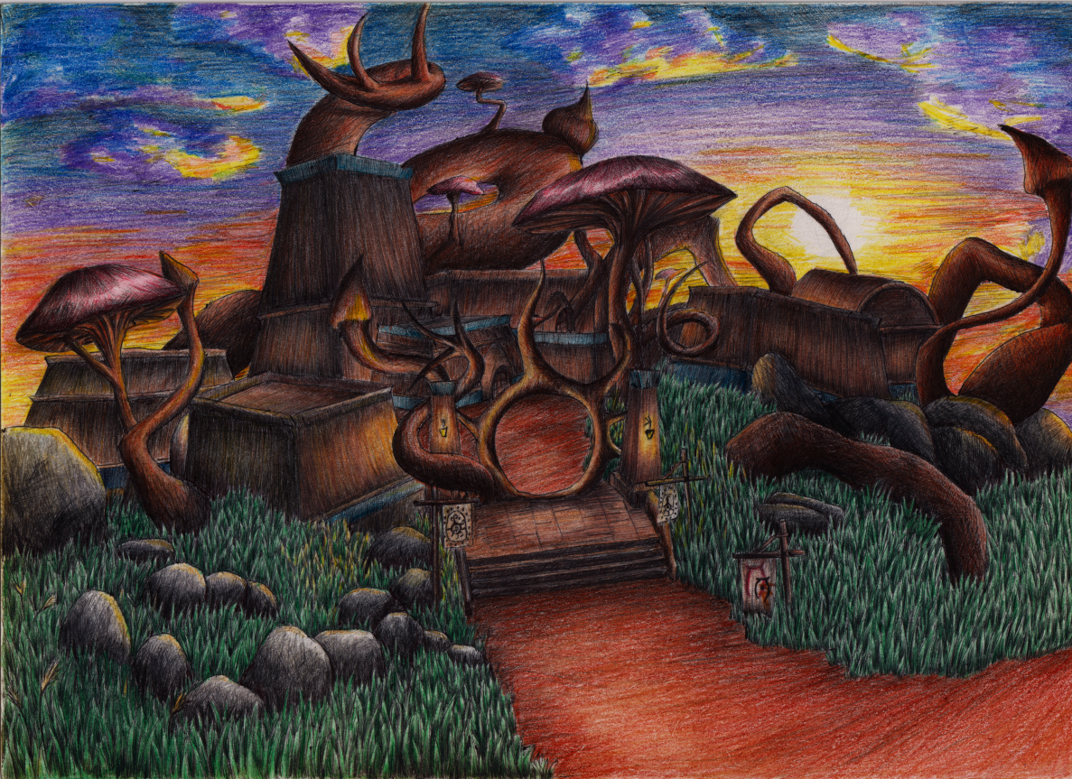Favorite settlement On Vvardenfell - My, The elder scrolls, The Elder Scrolls III: Morrowind, Morrowind, Drawing, Colour pencils