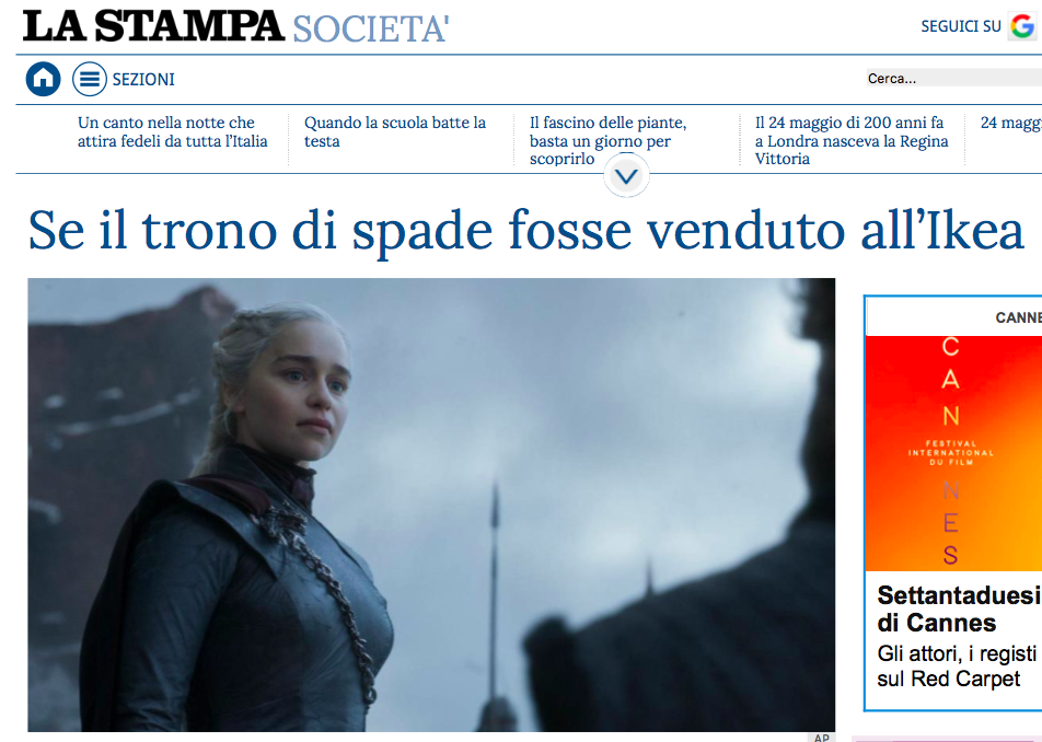 If the Iron Throne was sold in Ikea: La Stampa for today - Game of Thrones, Game of Thrones season 8, Translation, Italy, , Pick-up headphones, Longpost, Media and press