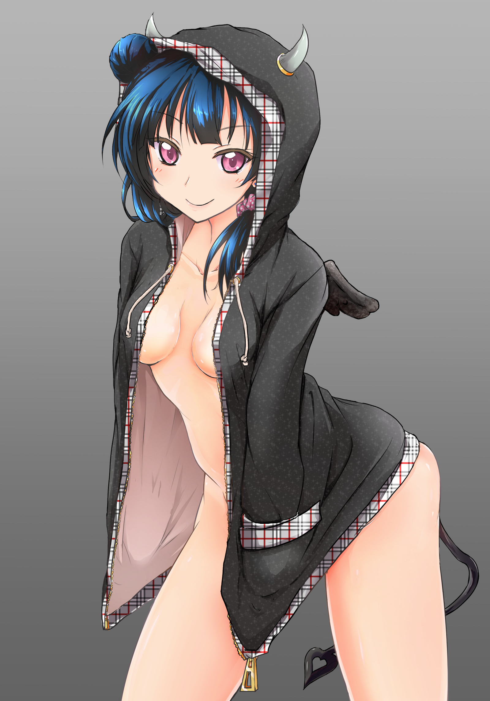 Naked with hoodie - NSFW, Anime, Anime art, Anime original, Animal ears, , Breast, Nipples, Pantsu, Longpost