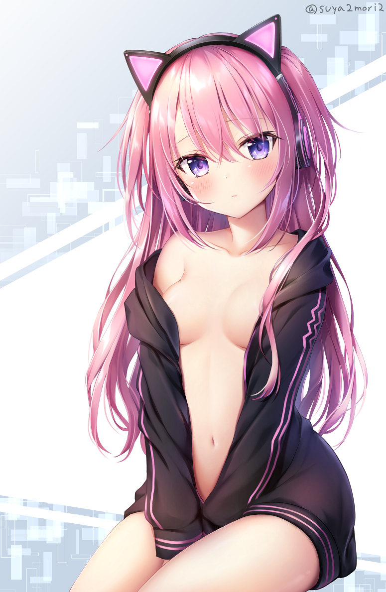 Naked with hoodie - NSFW, Anime, Anime art, Anime original, Animal ears, , Breast, Nipples, Pantsu, Longpost