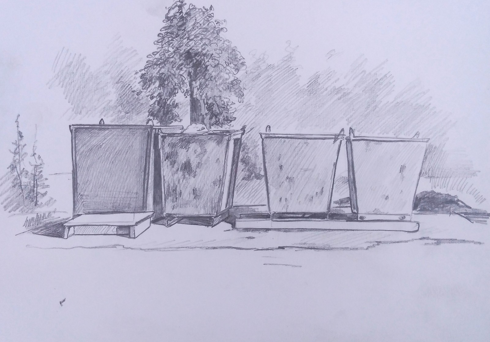 Random composition of four trash cans, a step and a docked tree. - My, Tree, Pencil drawing, Art, Ecology, Drawing, Nature, Sketch, Garbage bins