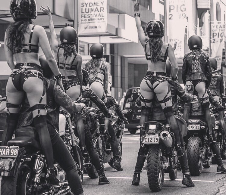 Parade of bikers and their girlfriends on Harley Davidson. 1979 America - Bikers, Sydney, 2019, Australia, Underwear, Models, Flash mob, Motorcyclists