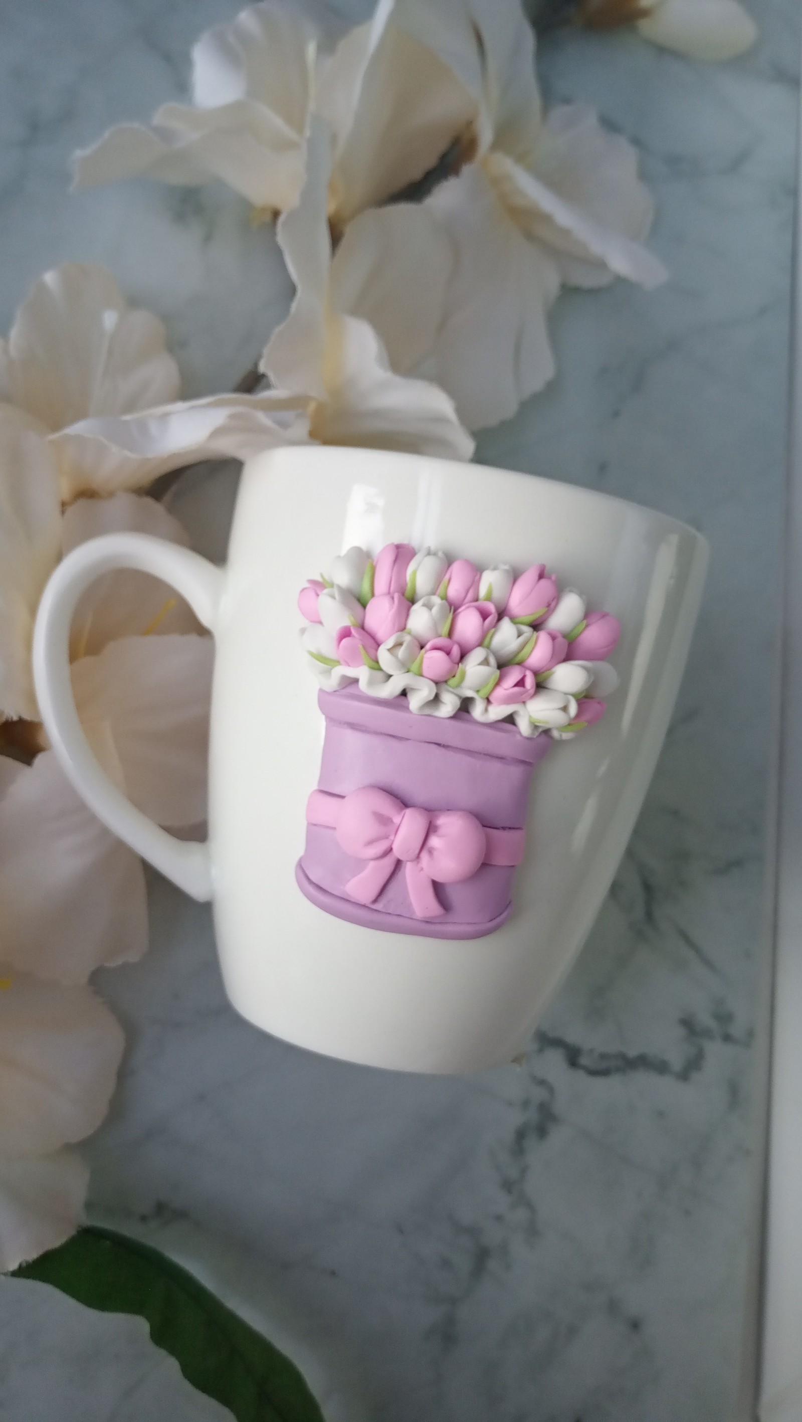 In the ribbon of tulips) - My, Лепка, Polymer clay, , Mug with decor