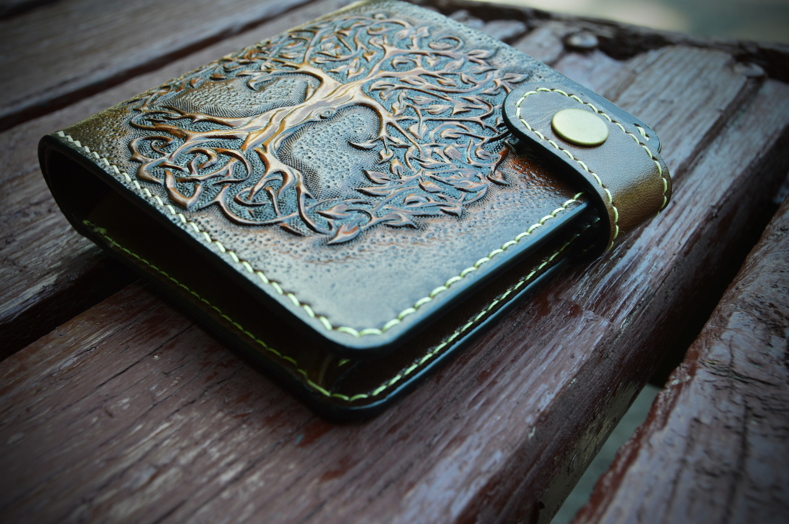 Yggdrasil. Short wallet. - My, Yggdrasil, Valknut, Leather, Embossing on leather, Wallet, Longpost