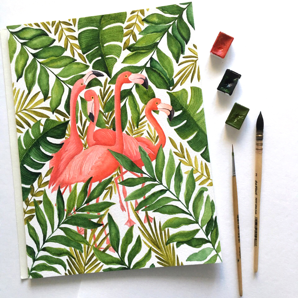 Vacation longing... - My, Drawing, Creation, I want to go on vacation, Flamingo, Birds, Watercolor, Vacation