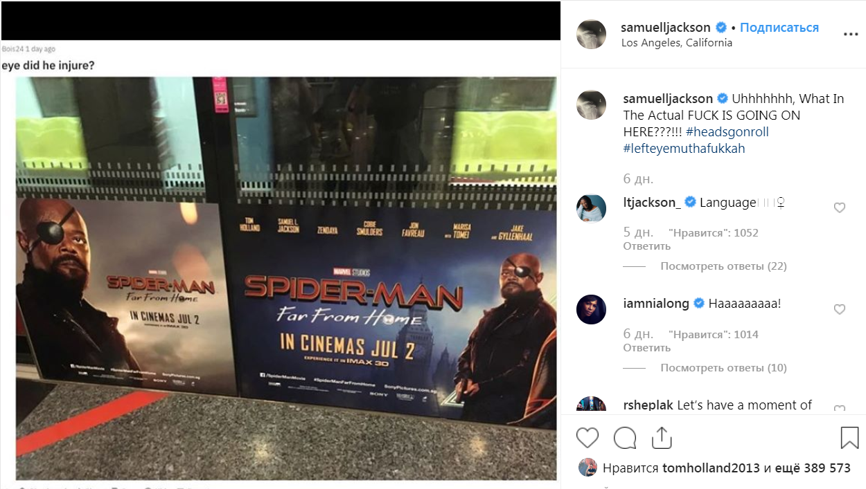 Samuel L. Jackson didn't like the mistake on the Spider-Man poster - Movies, Spider-Man: Far From Home, Samuel L Jackson, Nick Fury, Instagram