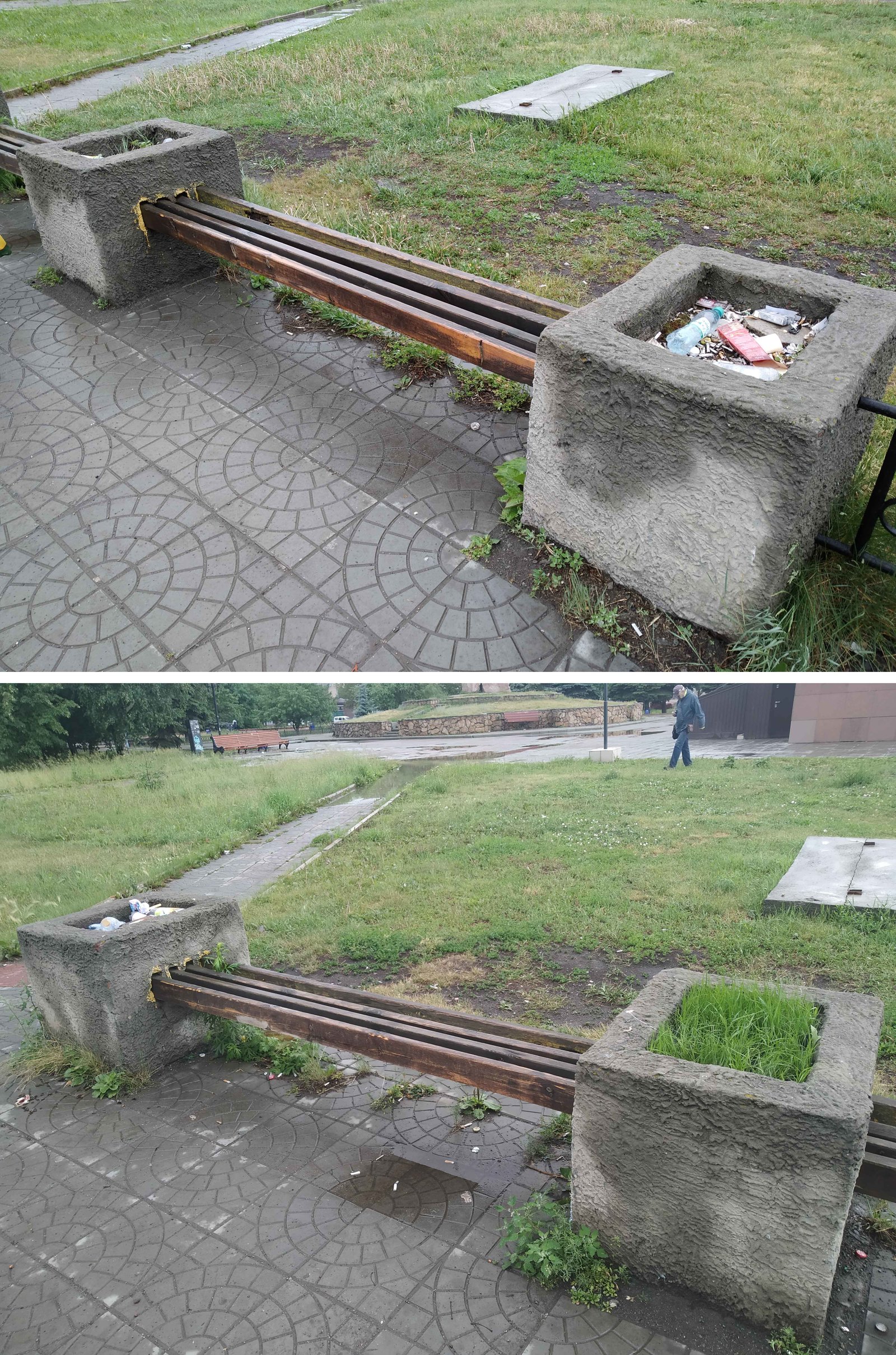 Garbage can be defeated by landscaping. - My, Chistoman, Urbanism, Beautification, Kopeysk, Benches, Flower bed, Grass, Longpost