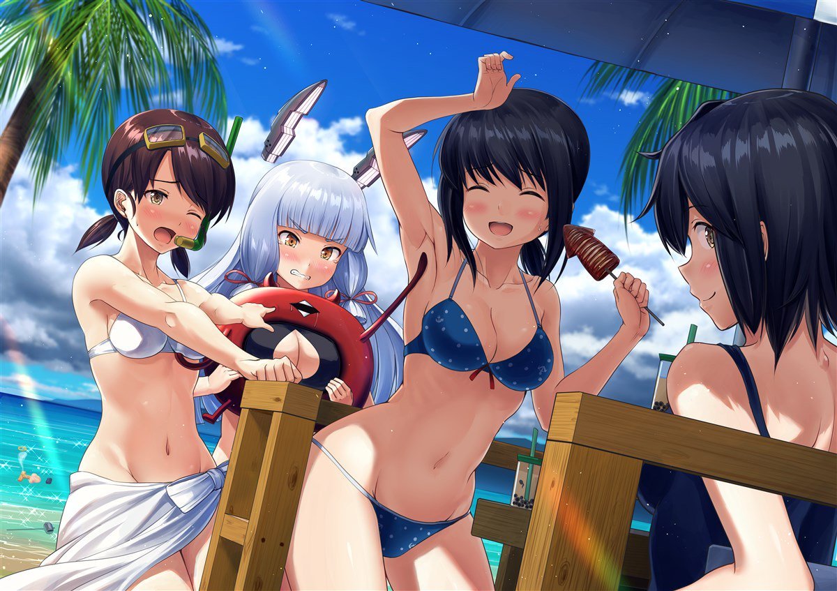 Summertime - NSFW, Kantai Collection, Shirayuki, Murakumo, Fubuki, Miyuki, Anime Art, Купальник, Аниме