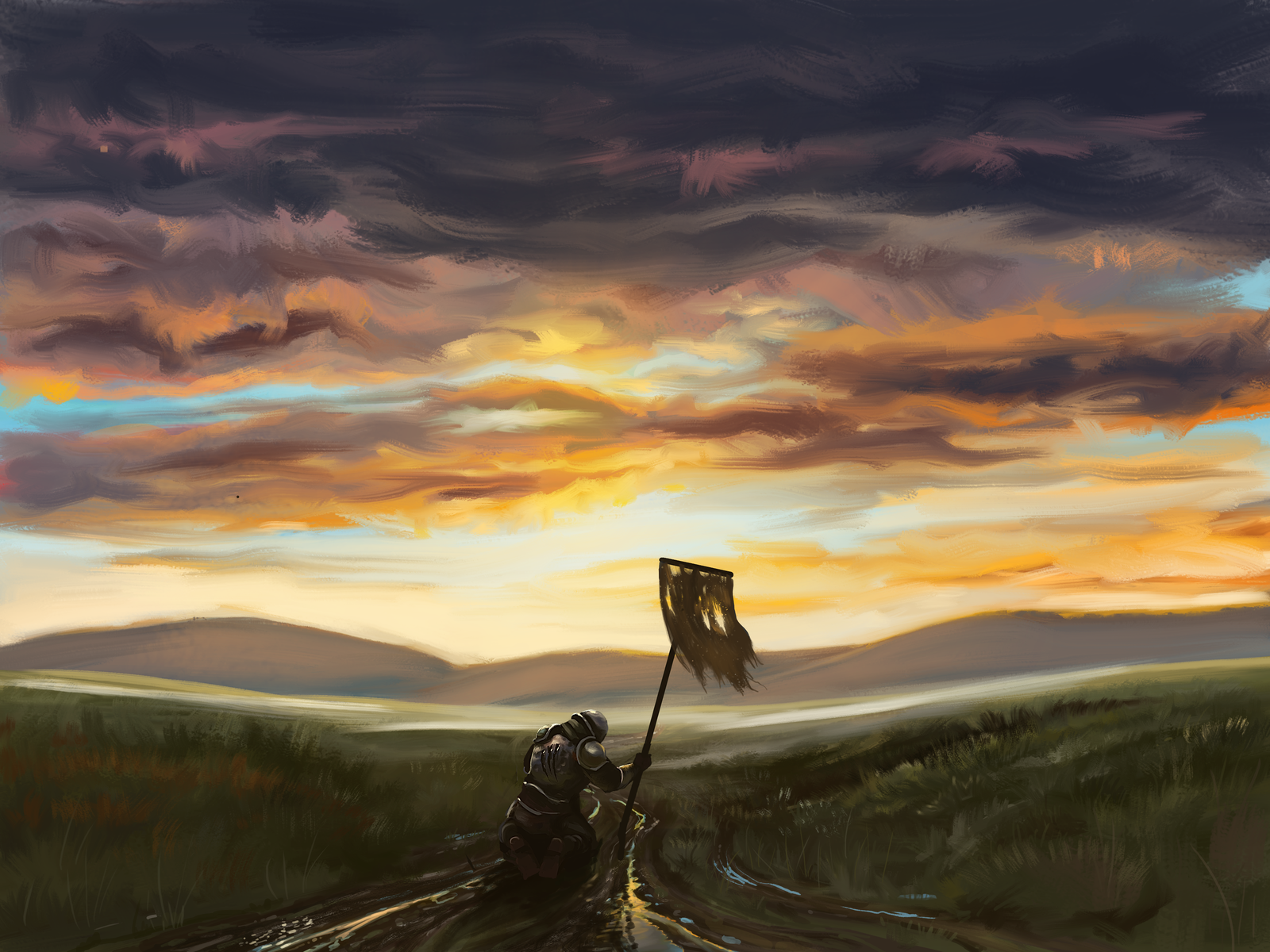 Gray Banner - My, , Tabletop role-playing games, Art, Fantasy, Warrior, Digital drawing, Drawing, Landscape