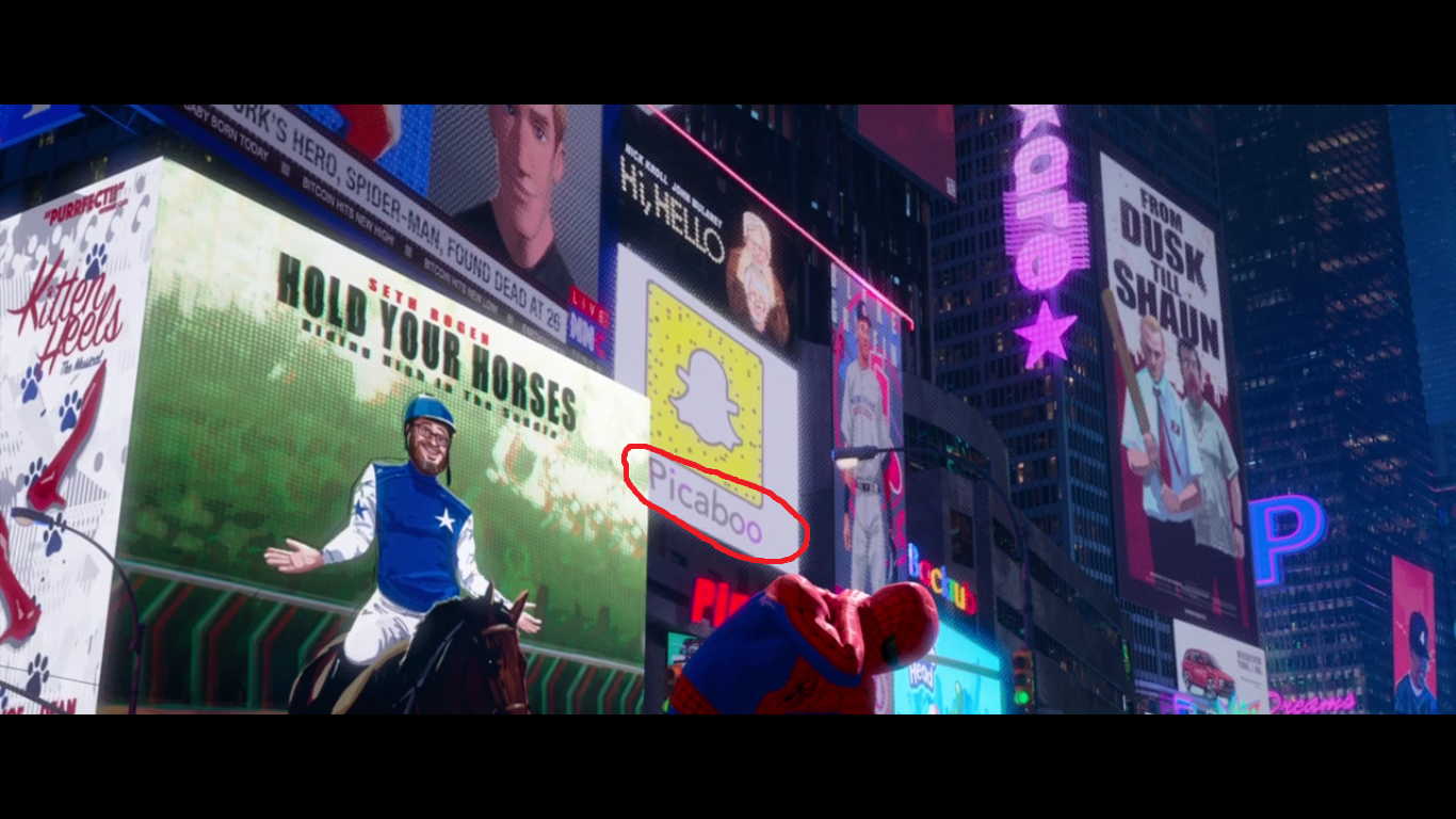 In the movie Spider-Man: Into the Spider-Verse, Snapchat is called Picaboo in the parallel dimension. - Spider-Man: Across the Universes, Peekaboo, Screenshot, Accordion, Repeat