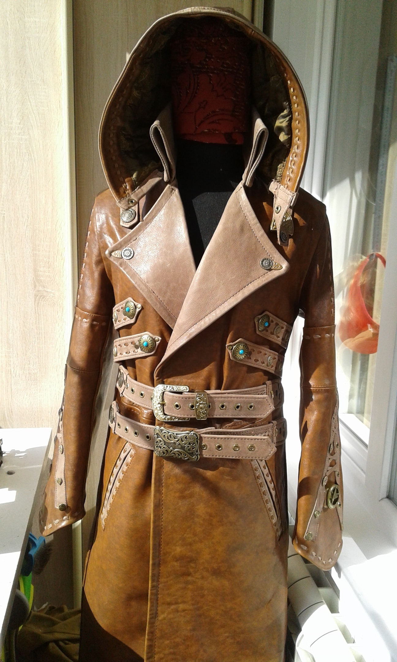 Handmade raincoat in steampunk style, made of two types of leather. Goats and cows. Part of the fittings found in the ground and restored - Steampunk, Cloak, Cloth, Handmade, Longpost, Needlework without process, Needlework