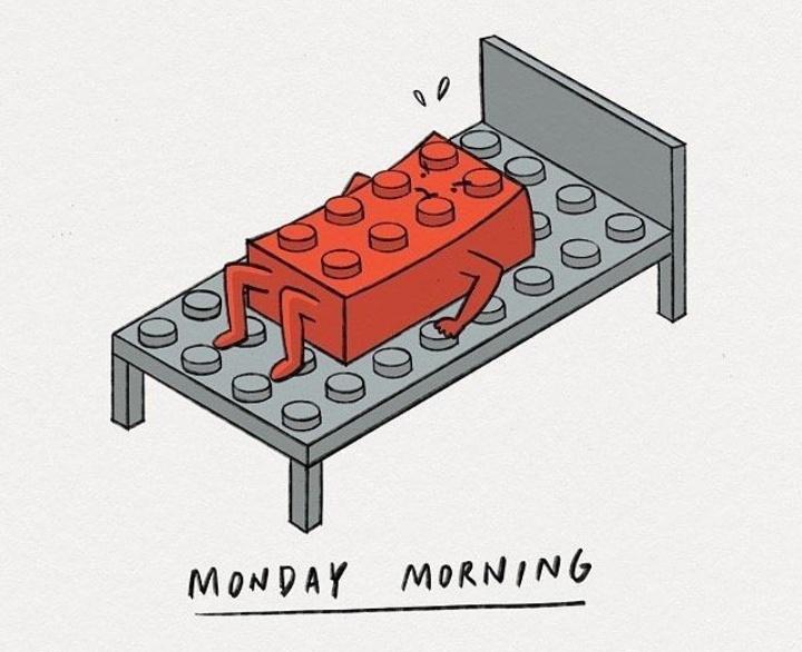We are all a little Lego - 9GAG, Comics, Lego, Morning, Monday, Picture with text, Bed