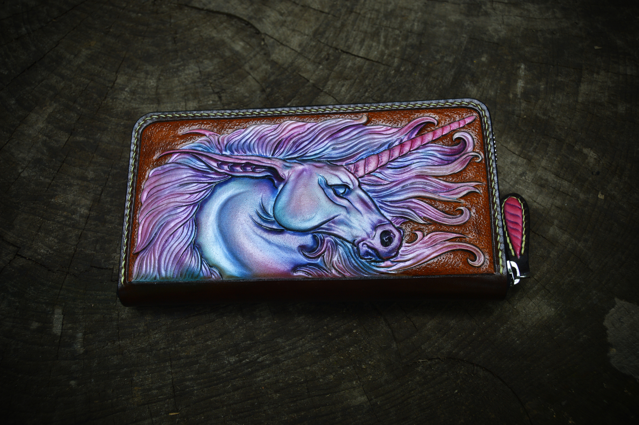 Unicorn. Long purse. - My, Unicorn, Leather, Embossing on leather, Wallet, Patterns, Longpost