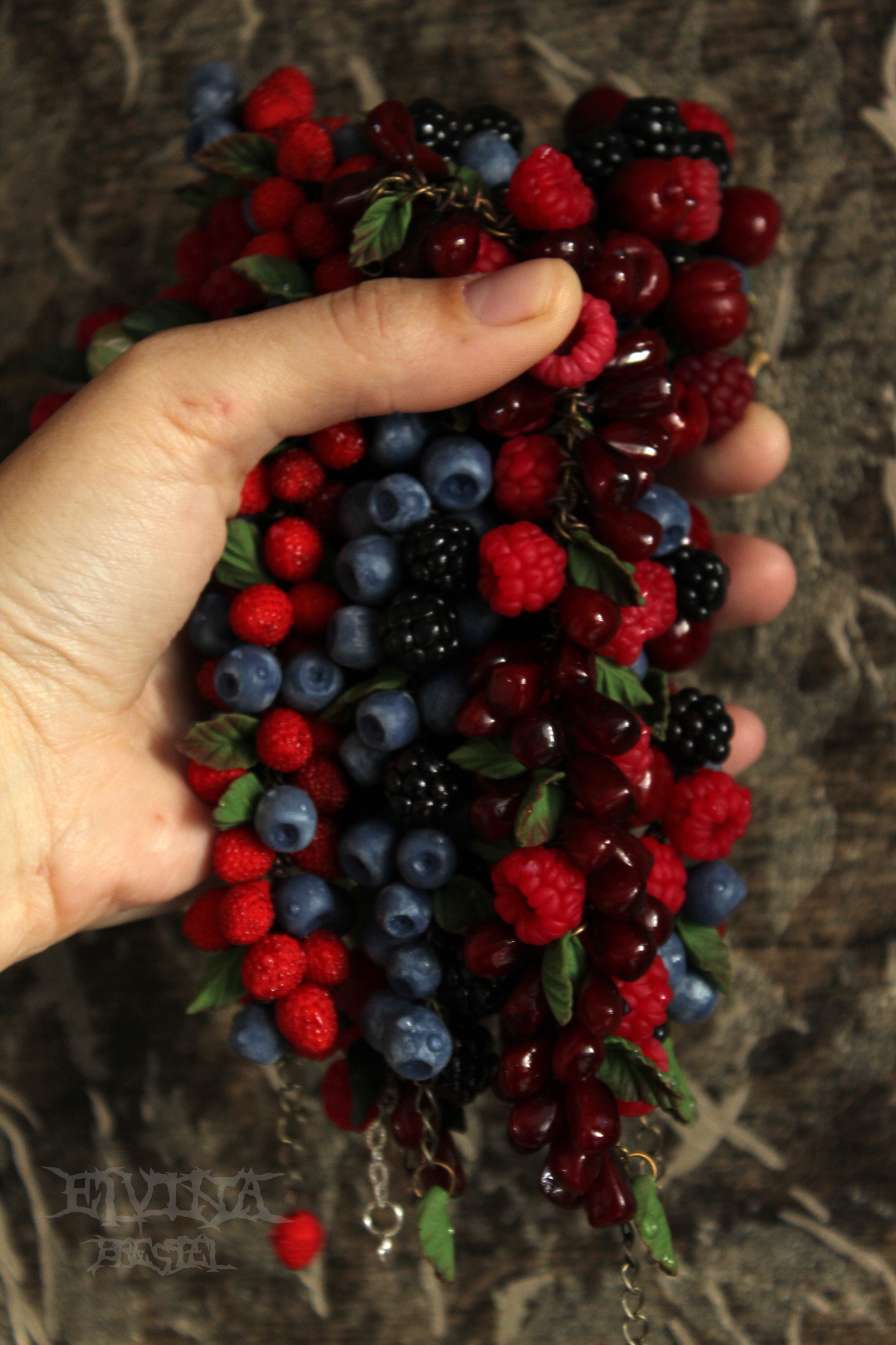 Strawberry, blueberry, cherry, raspberry, pomegranate, blackberry - My, Polymer clay, A bracelet, Longpost