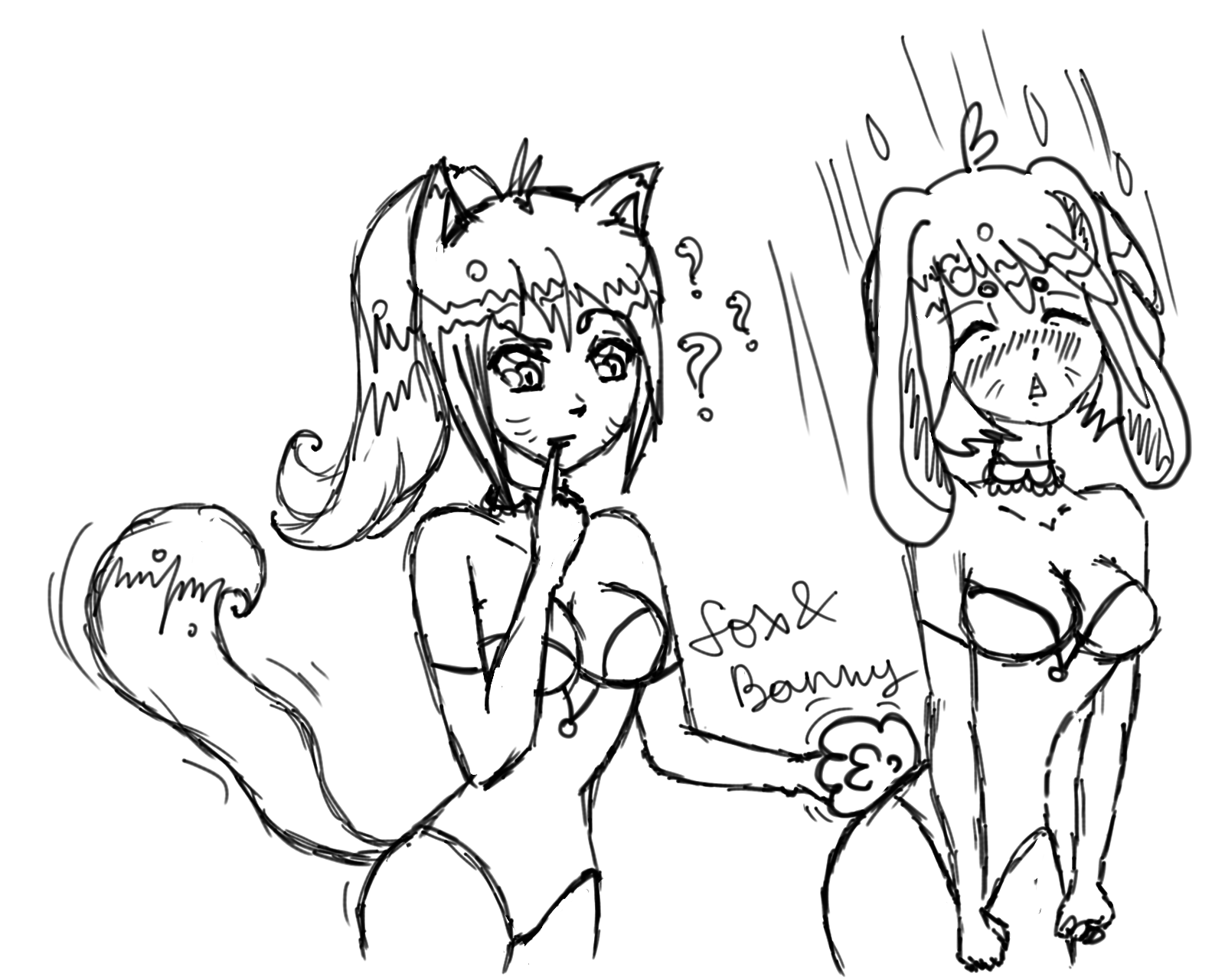 Fox and rabbit:3 - My, Longpost, Neko, Beginner artist, Waitress, Animal ears, Waiters