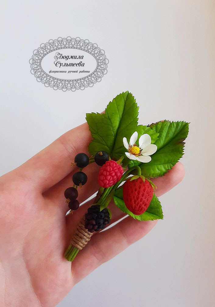 Berry brooch - Brooch, Cold porcelain, Polymer clay, Needlework without process, Berries, Handmade, Longpost