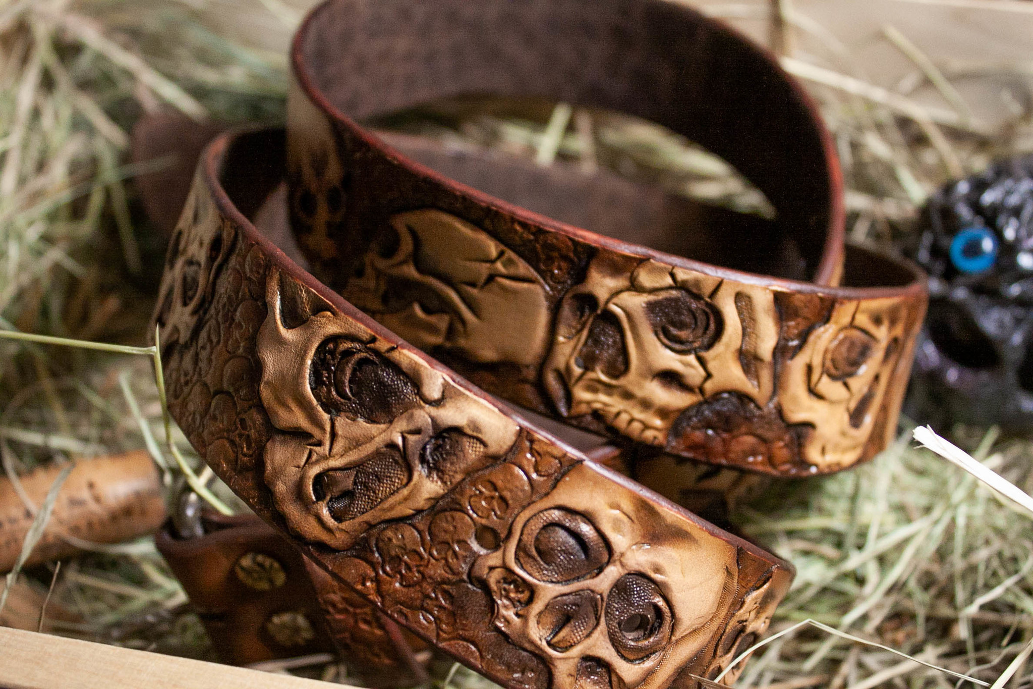 Leather belt with skulls - My, Leather craft, Leather, Leather products, Handmade, Longpost, Belt