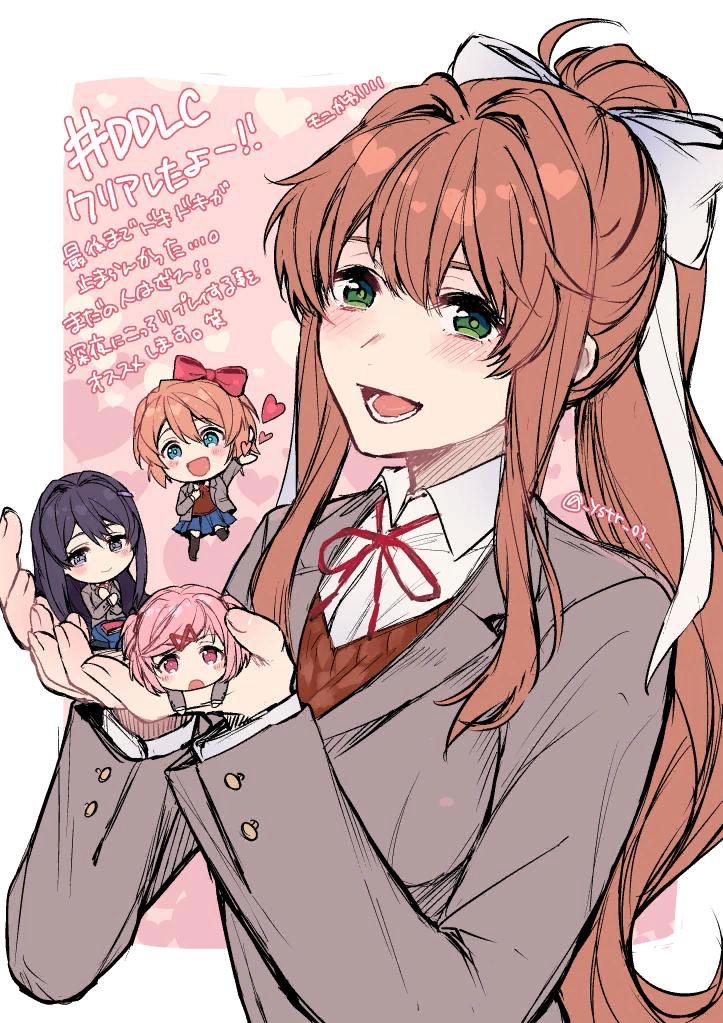 Monika & the Chibis! - Doki Doki Literature Club, Sayori, Natsuki, Yuri DDLC, Monika, Anime Art, Визуальная новелла, Chibi, Чиби