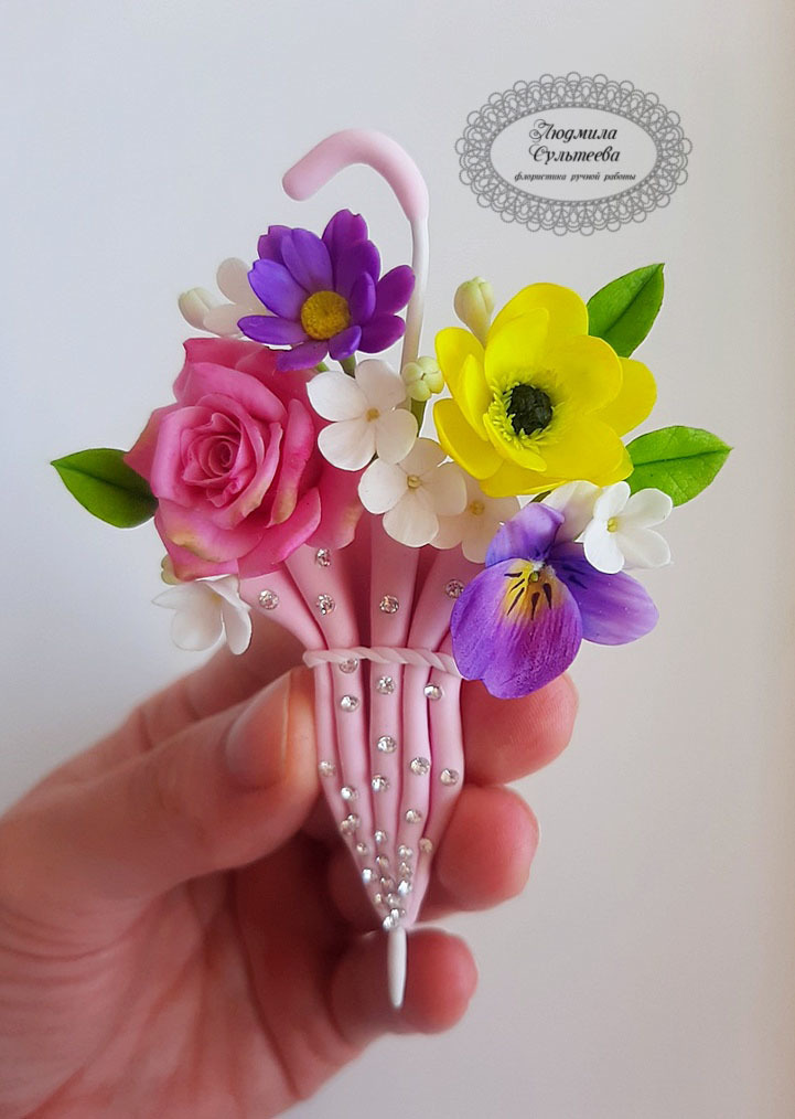 Umbrella in the studio! - Brooch, Polymer clay, Needlework without process, Umbrella, Rain, Flowers, Art, Longpost