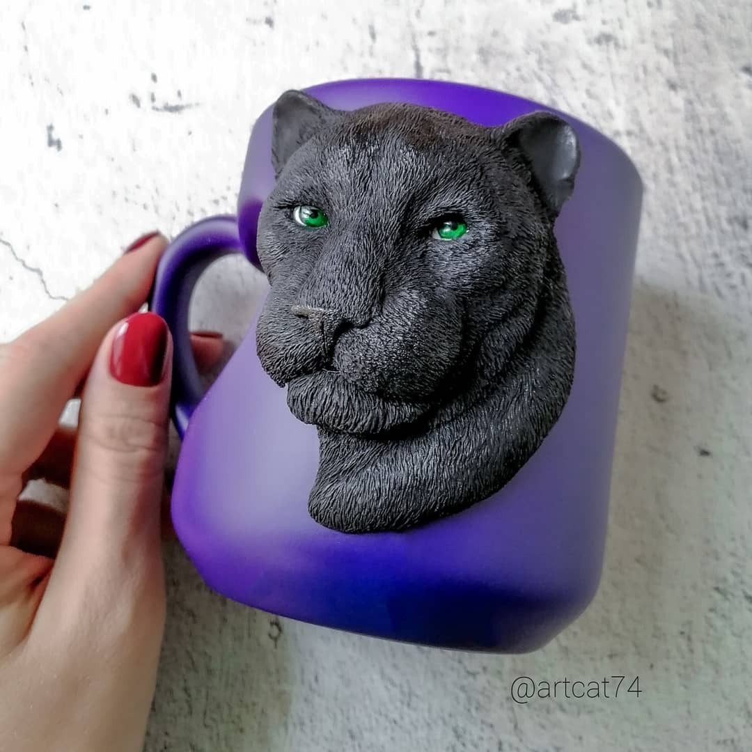 Panther made of polymer clay on a mug - My, Polymer clay, Mug with decor, Кружки, Panther, With your own hands, Handmade, Portrait by photo, Longpost