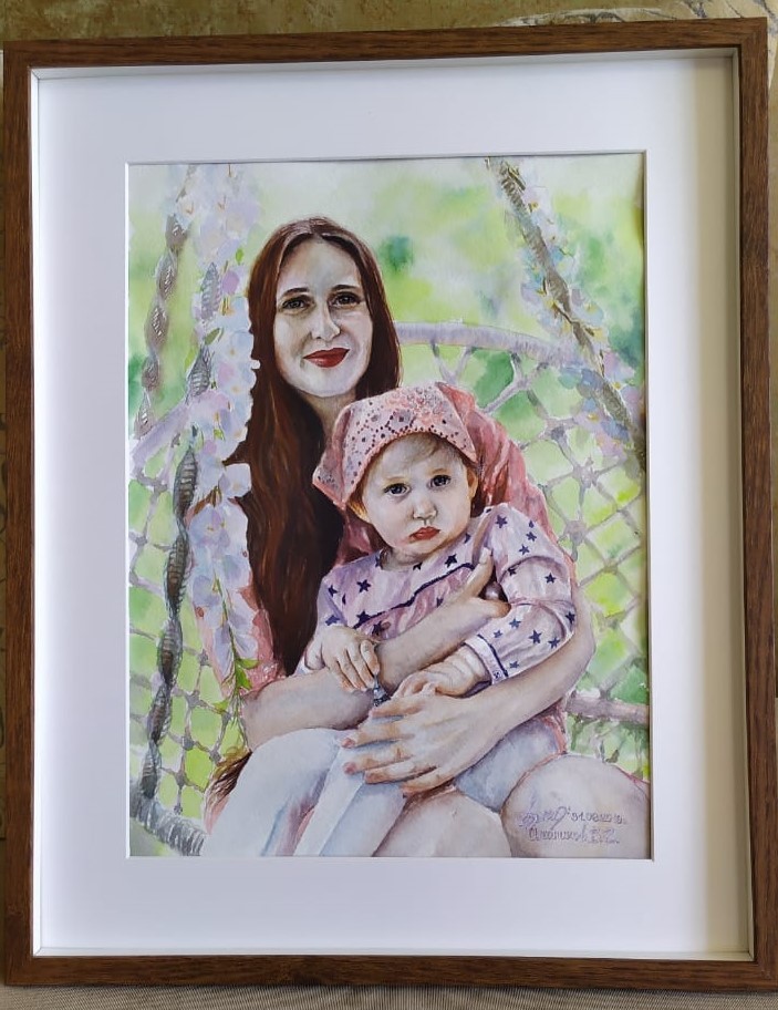 Watercolor portrait from photo - My, Portrait, Portraits of people, Portrait by photo, beauty, Parents and children, Children, Painting, Watercolor, Longpost