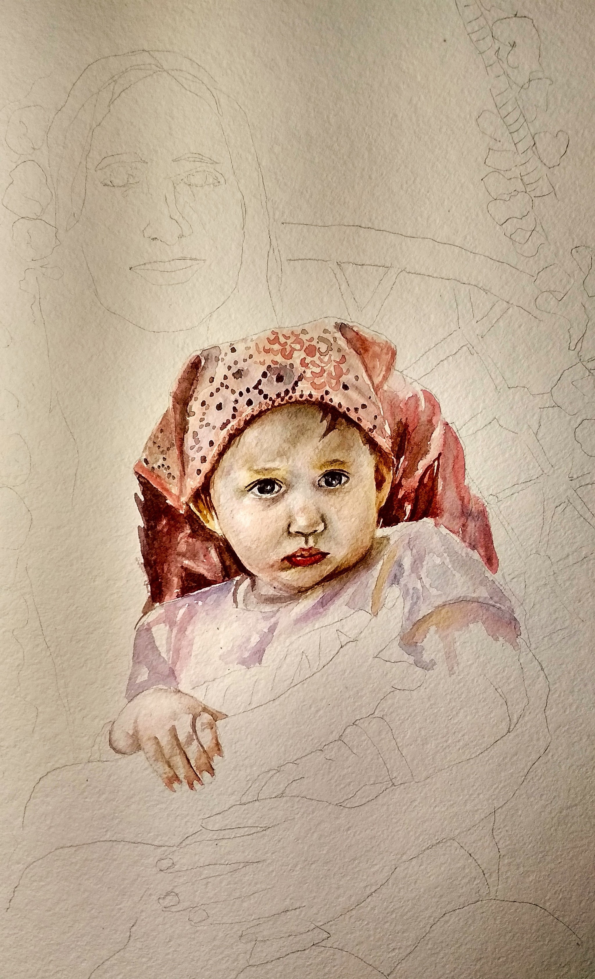 Watercolor portrait from photo - My, Portrait, Portraits of people, Portrait by photo, beauty, Parents and children, Children, Painting, Watercolor, Longpost