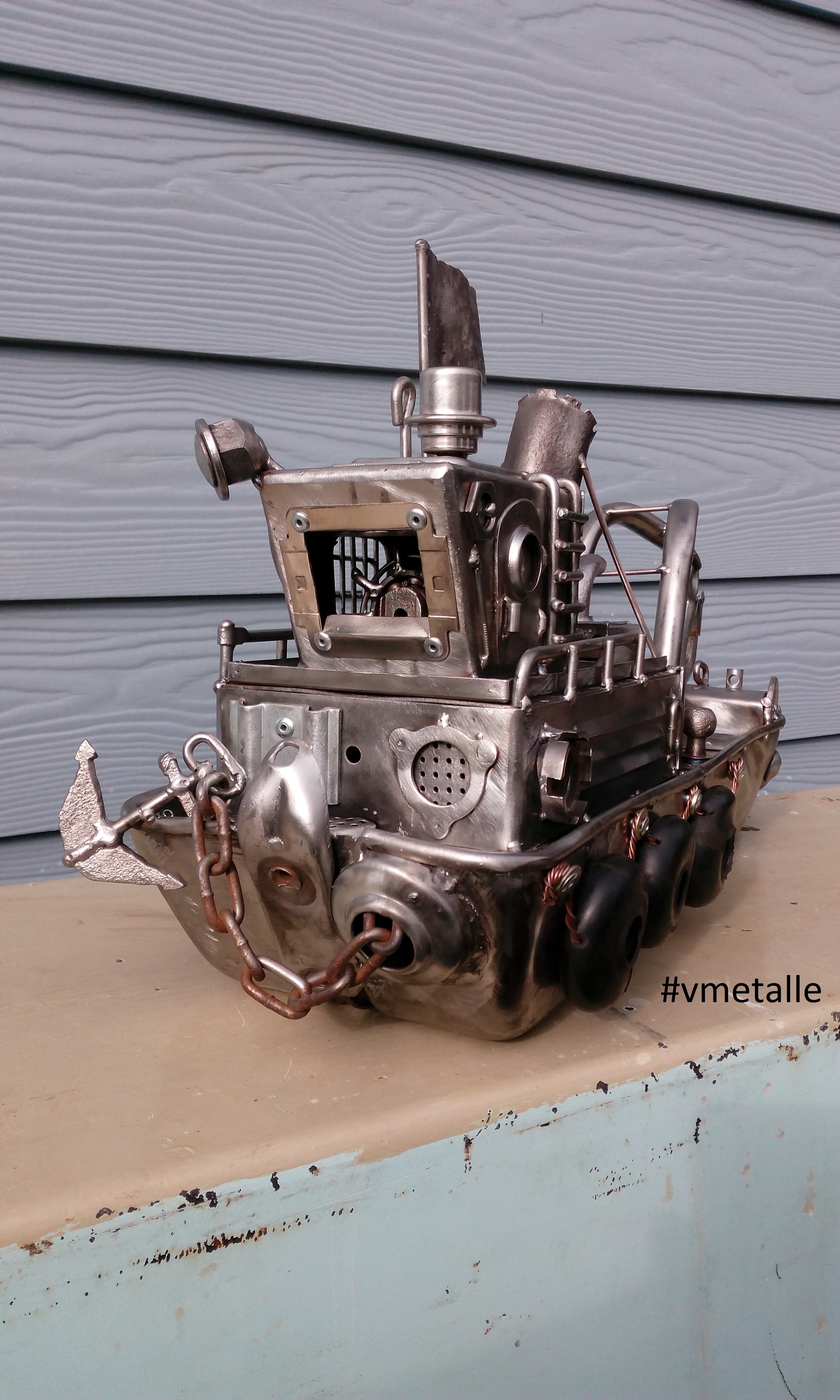 Retro tugboat. Recyclart. - My, Tow, Ship, River, Barge, Needlework with process, Anchor, Motor, Welding, Video, Longpost, Engine