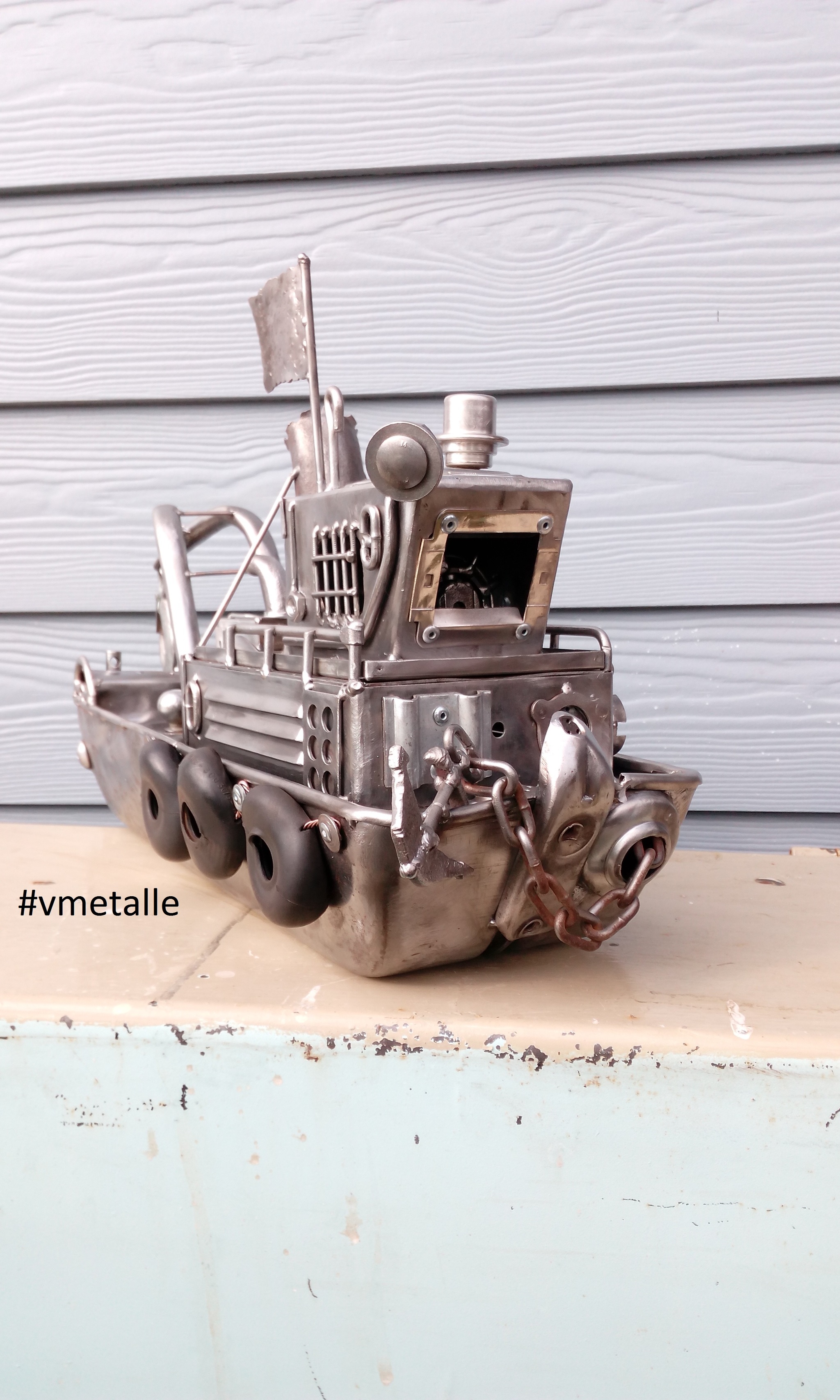 Retro tugboat. Recyclart. - My, Tow, Ship, River, Barge, Needlework with process, Anchor, Motor, Welding, Video, Longpost, Engine