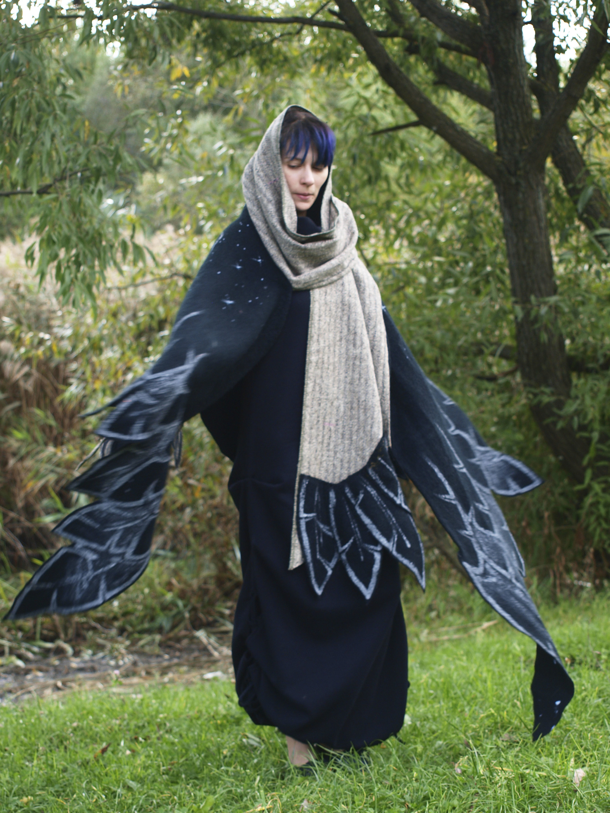 Shawl-wings Crow - My, Kai Yara, Warm clothes, Painting on fabric, Shawl, Boho, Fairy, Halloween, Longpost, Crow