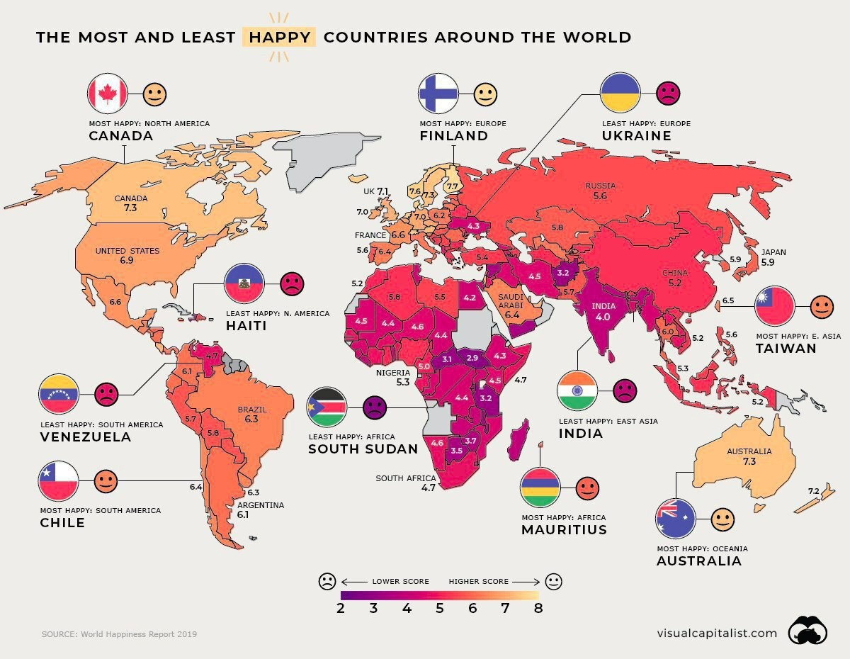 Индекс счастья в разных странах и частях света | Пикабу