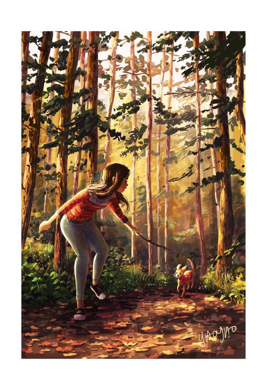 Autumn.. - Art, Yaoyaomva, Girls, Dog, Autumn, Drawing, Nature, Longpost