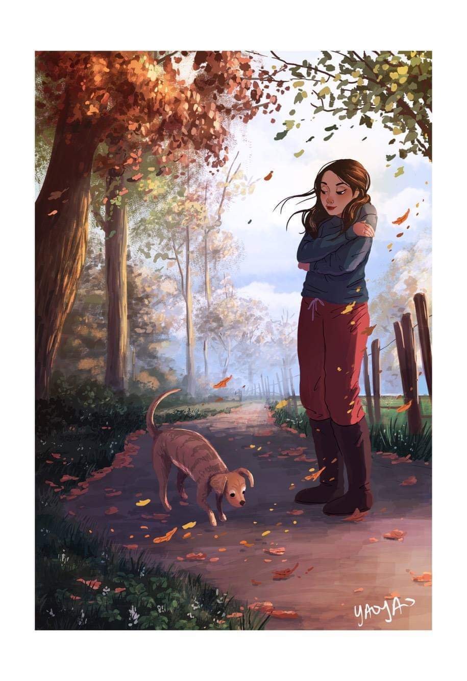 Autumn.. - Art, Yaoyaomva, Girls, Dog, Autumn, Drawing, Nature, Longpost