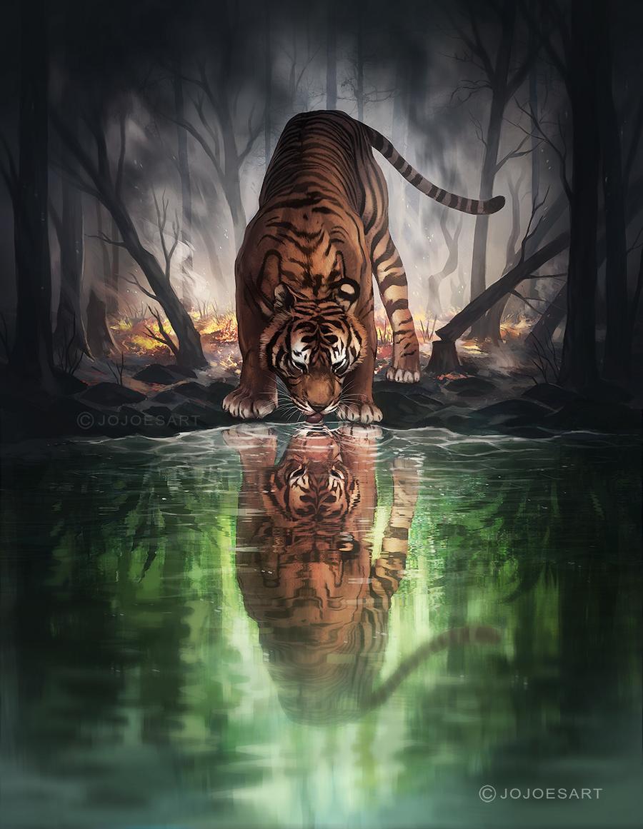 The world that I knew - Art, Drawing, Tiger, Forest, Fire, Jojoesart