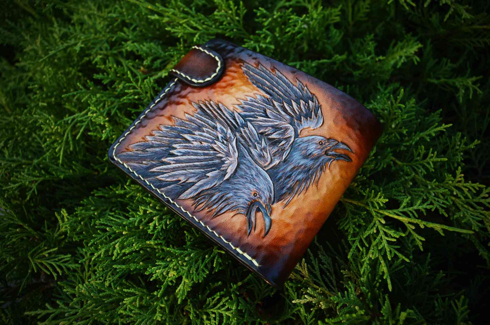 One. Embossed wallet. - My, One, Crow, Leather, Embossing on leather, Wallet, Longpost