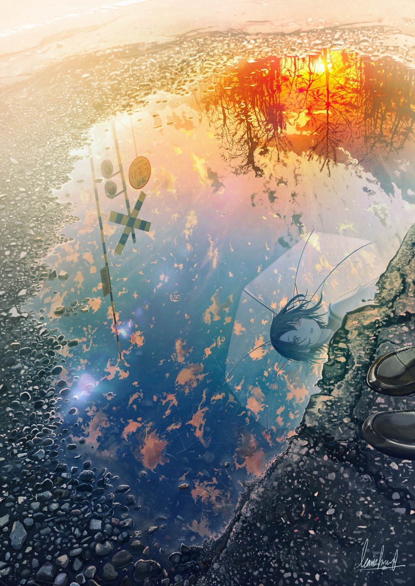 Forget-me-not - Anime, Art, Anime art, Anime original, Banishment, Reflection, After the rain, Puddle