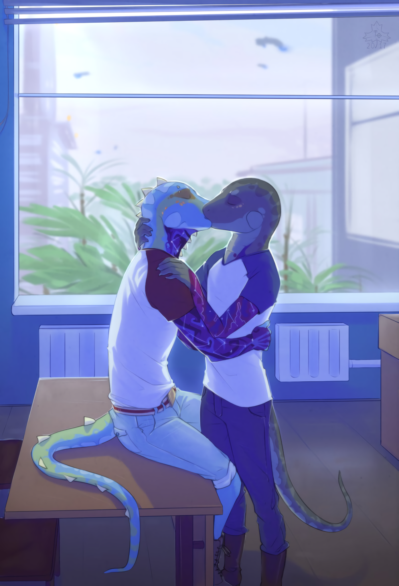 In the college - Фурри, Furry Art, Furry scalie, Ящерица, Игуана, Furry Lesbian, Поцелуй, Volcanins