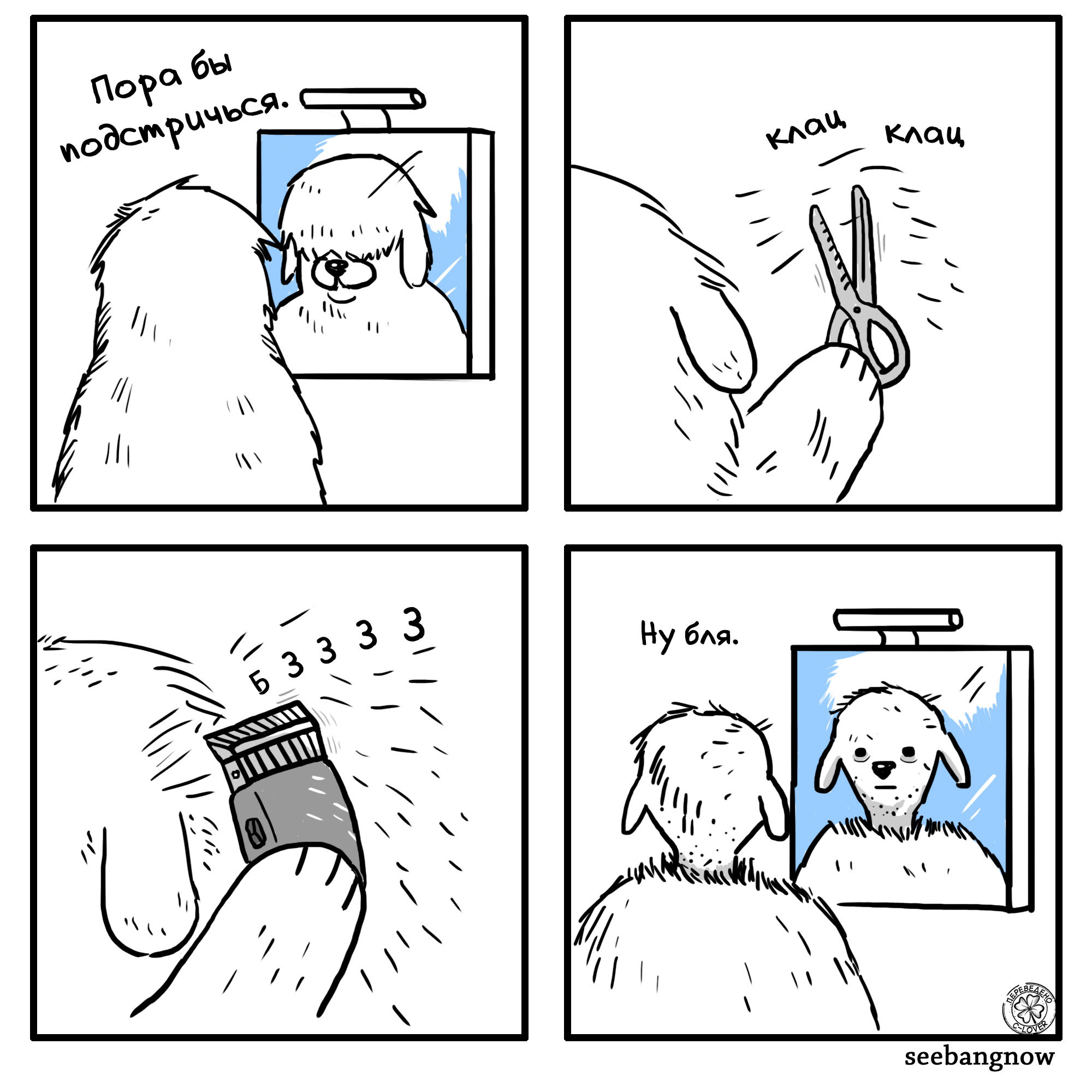 A haircut. - Comics, Translation, Translated by myself, Dog, Стрижка, Seebangnow, Mat