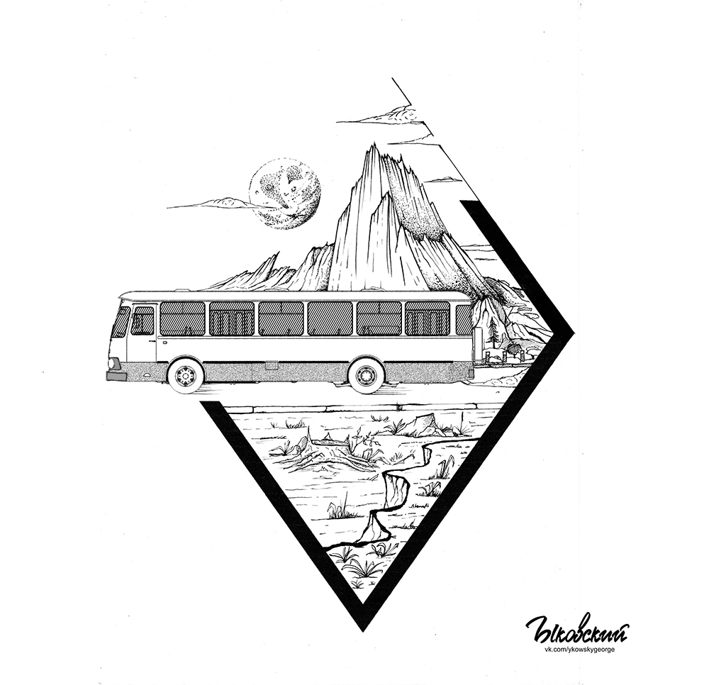 Liaz on the background of mountains. - My, Liaz, Bus, Art, Drawing, Graphics, The mountains, Landscape, Illustrations