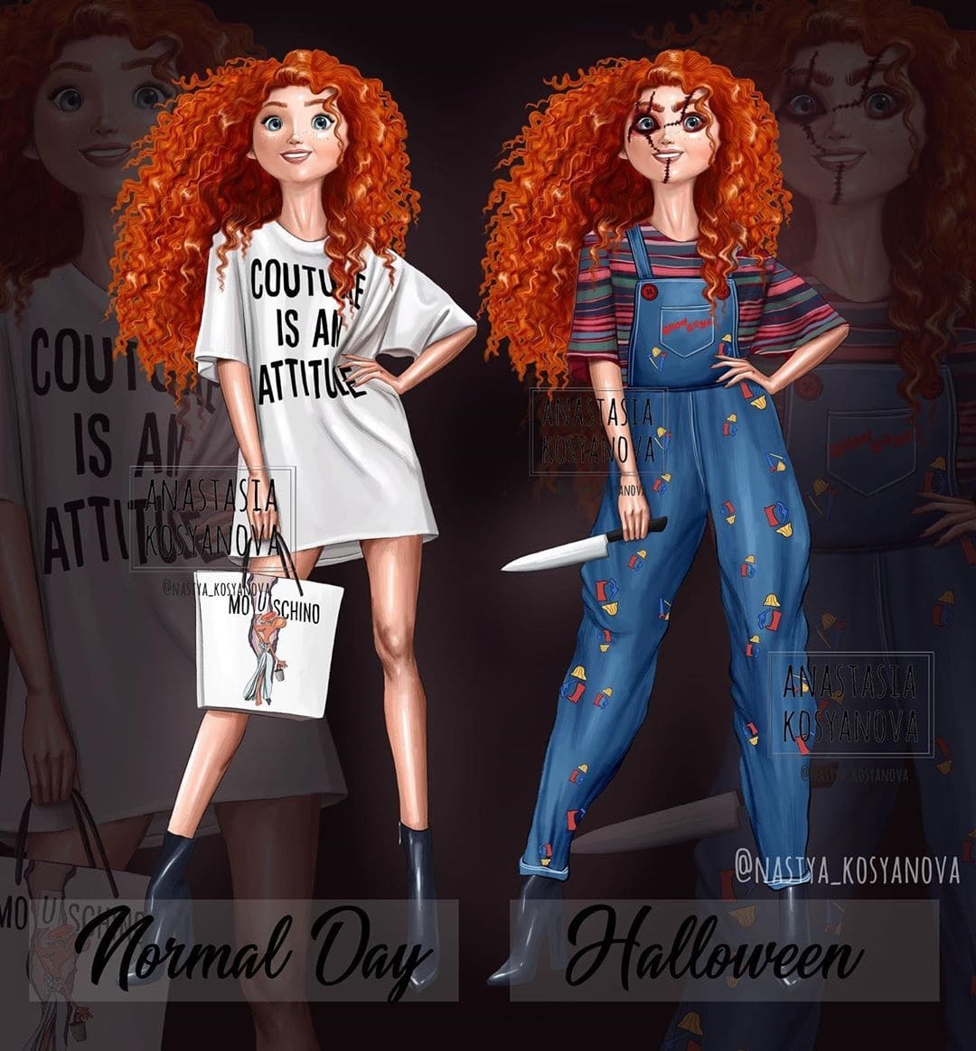 Disney princesses and Halloween - Artist, Walt disney company, Halloween, Princess, Longpost, Disney princesses, Horror, Crossover