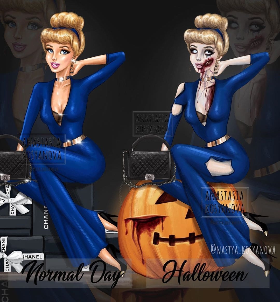 Disney princesses and Halloween - Artist, Walt disney company, Halloween, Princess, Longpost, Disney princesses, Horror, Crossover