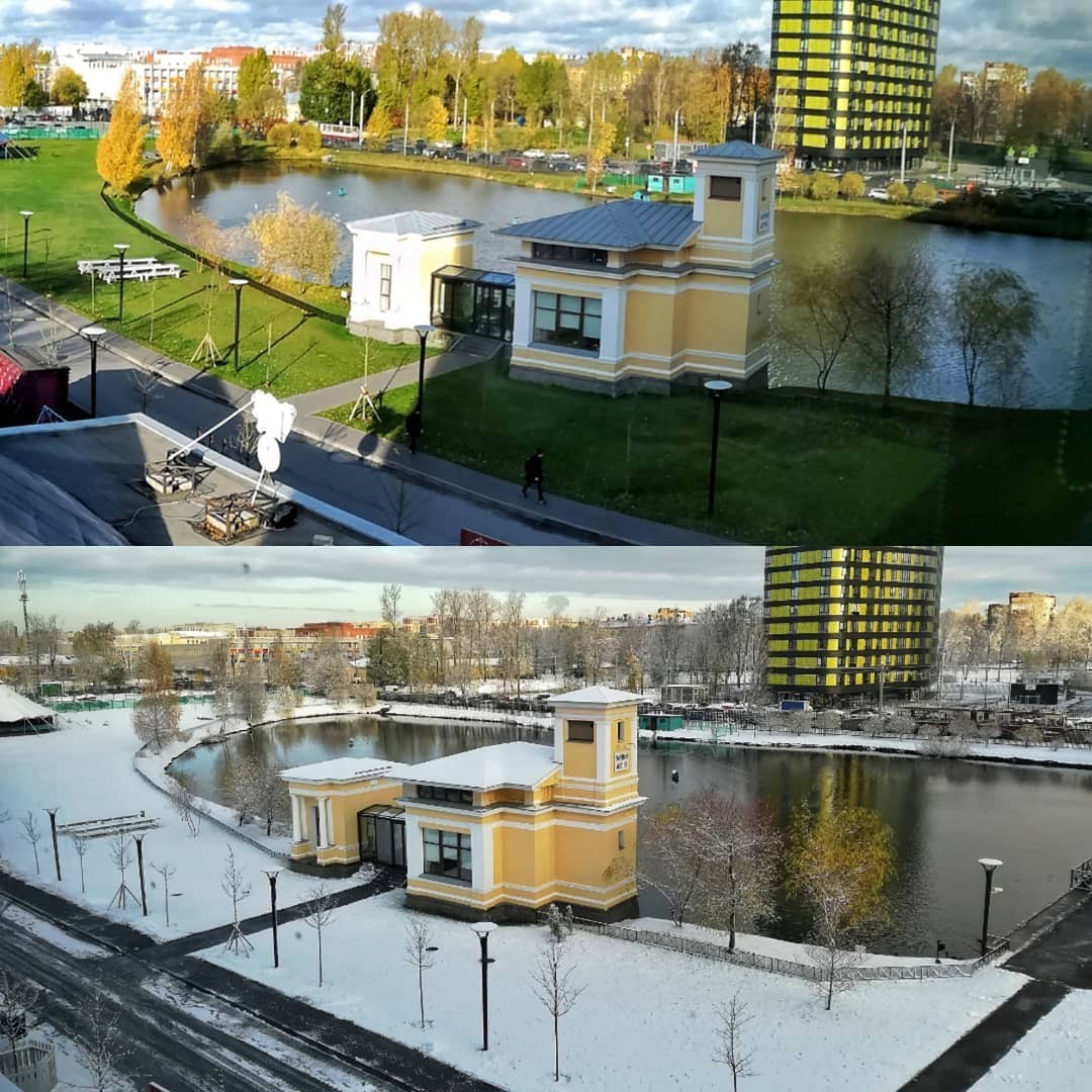 One day - My, Winter, Autumn, First snow, The photo, View from the window, Saint Petersburg