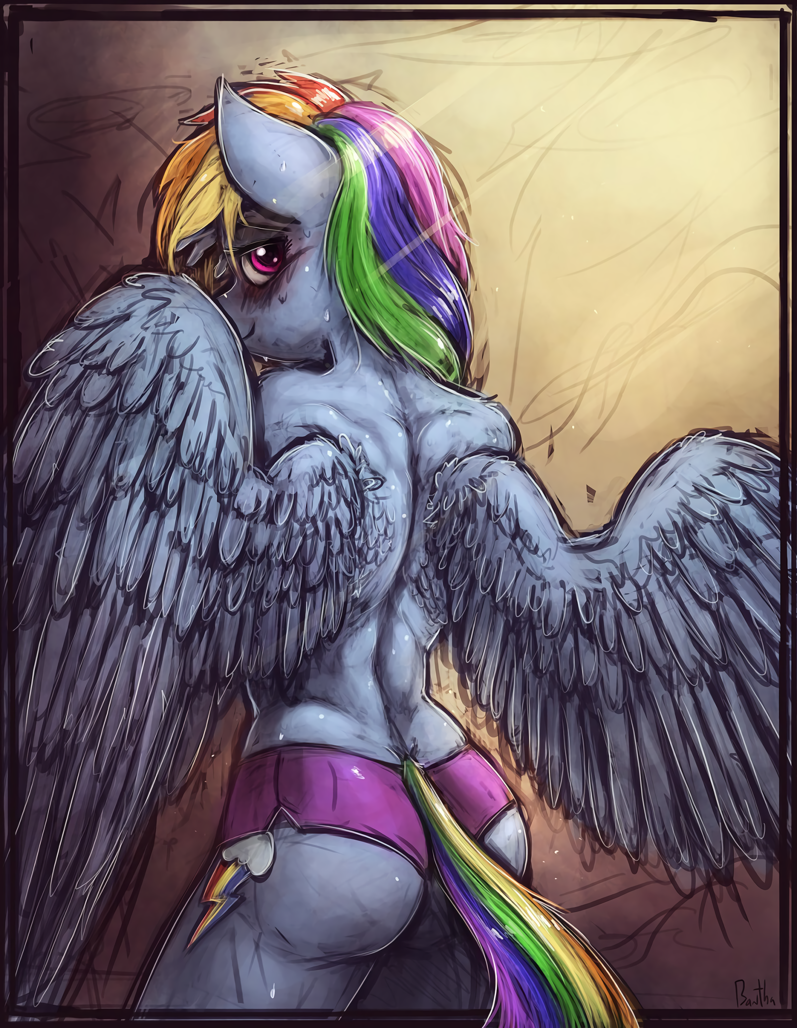 Pegasus Back - NSFW, My Little Pony, Rainbow Dash, Антро, MLP Edge, Вид сзади, Купальник, Шорты, Banthatic, Длиннопост