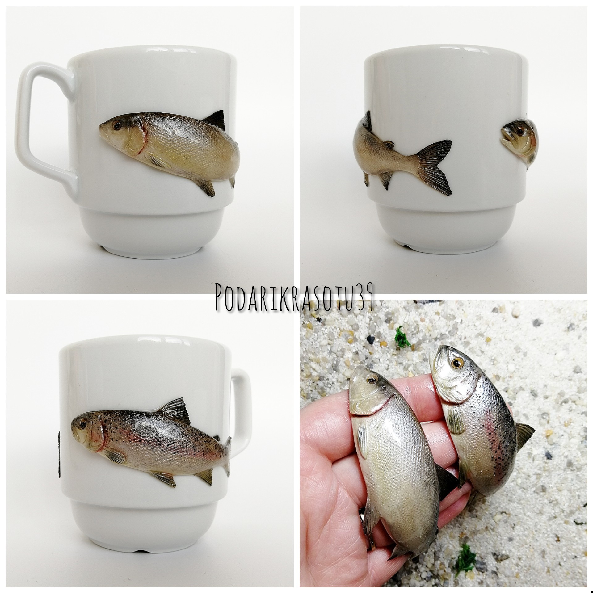 Salmonidae - My, Polymer clay, Needlework without process, A fish, Mug with decor, With your own hands, Longpost