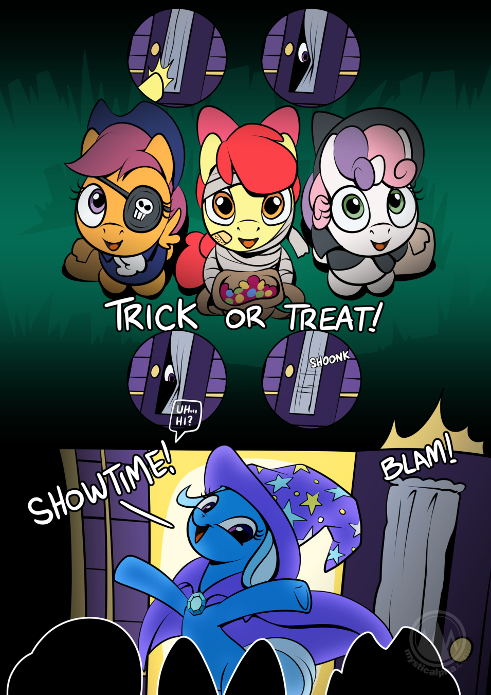 The girls came for candy - My little pony, PonyArt, Cutie mark crusaders, Trixie, Mysticalpha